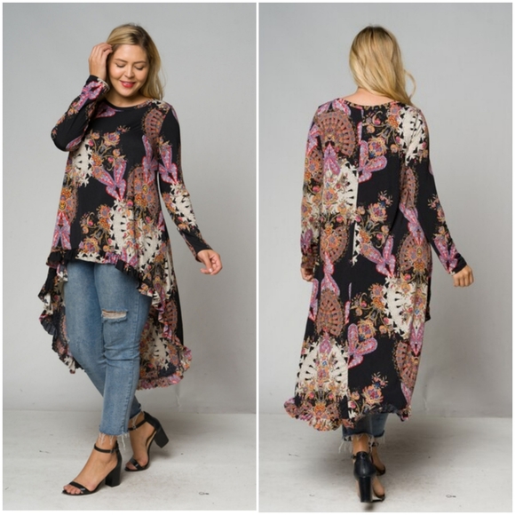 Black Floral Medallion Hi/Lo Ruffled hem Tunic - Picture 2 of 4